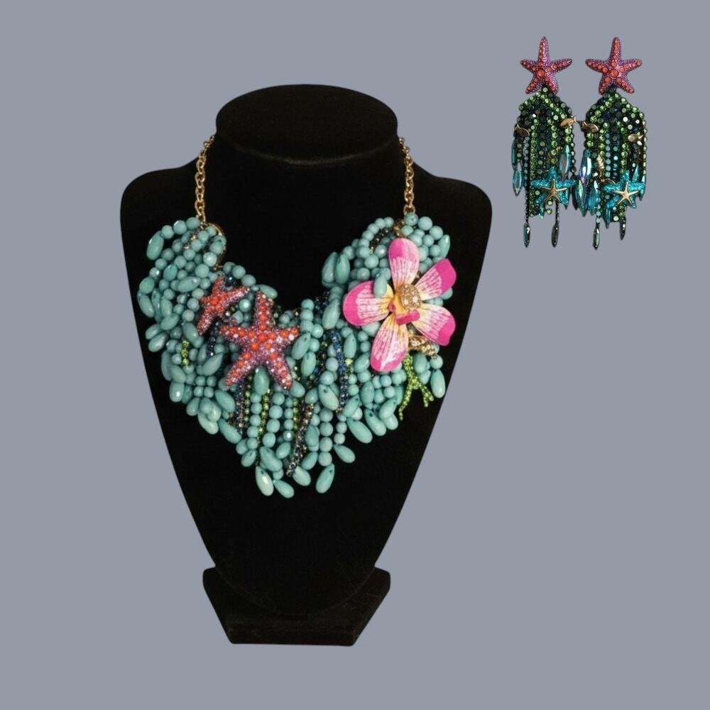 Betsey Johnson Mermaid Coral Reef Necklace Set NWT Starfish Orchid Statement Bib